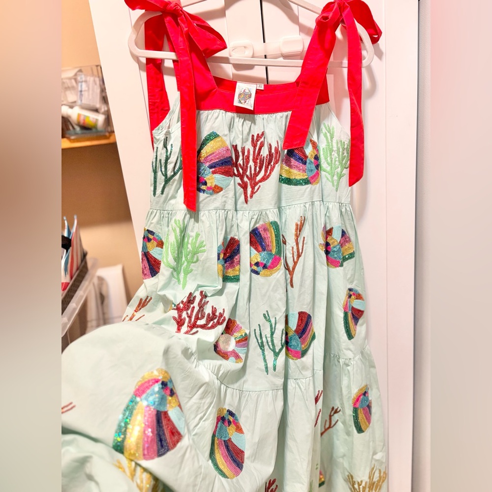 Queen of sparkles aqua and red Shell beach theme dress